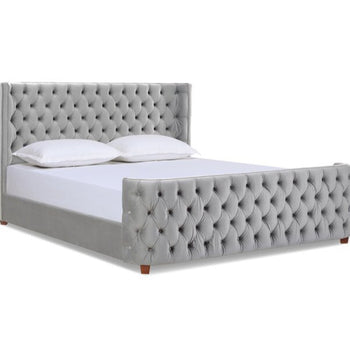 Designer Velvet Tufted Upholstered Bed Frame King Size Brand New In Box Wingback Design Low Profile Grey In Color