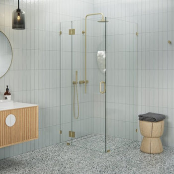 Glass Warehouse 78" X 42" X 36" Frameless Pivot Reversible Shower Door Enclosure Satin Brass / Gold Accents New In Box