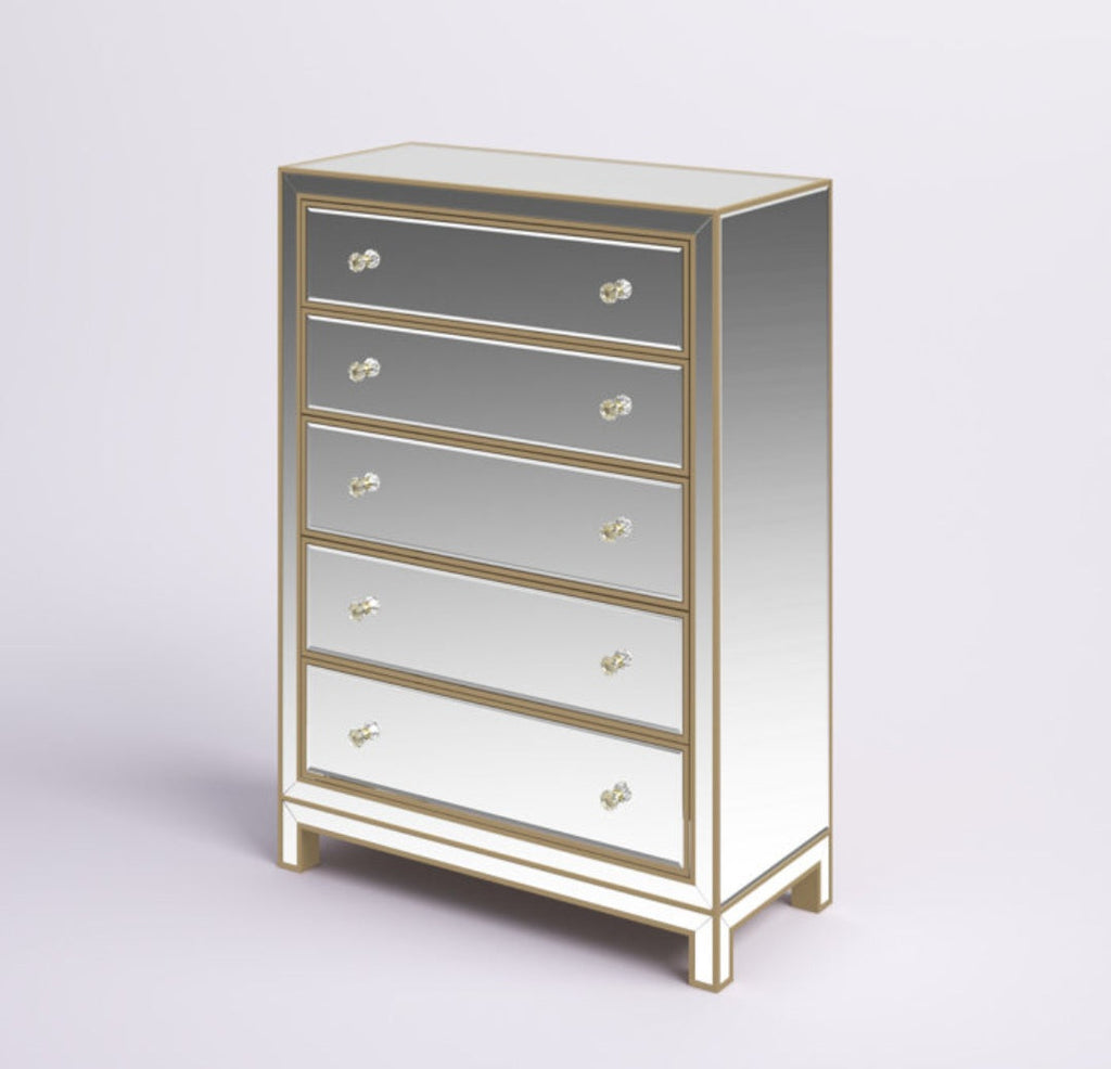 Mirrored 5 Drawer Dresser New Antique Gold Finish Ample Storage Designer Accent Bedroom Furniture