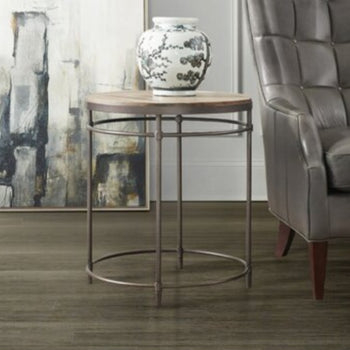 Hooker Furniture Side End Table Round Rustic Quality Solid Wood & Steel Distressed Finish Designer