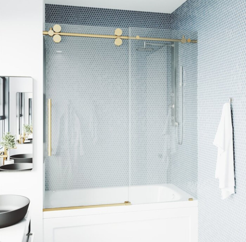 Vigo 56" to 60" x 66" Sliding Frameless Bath Tub Glass Shower Door Gold Finished Hardware New In Box