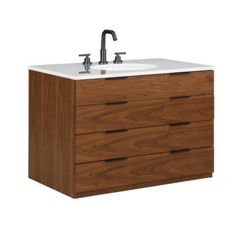36'' Wall Mount Single Sink Bathroom Vanity with White Quartz Top Walnut Wood Finish Modern Soft Close New