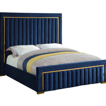 Tufted Upholstered Low Profile King Size Navy Platform Bed Gold Accents New Plush Quality Bedroom Furniture Style