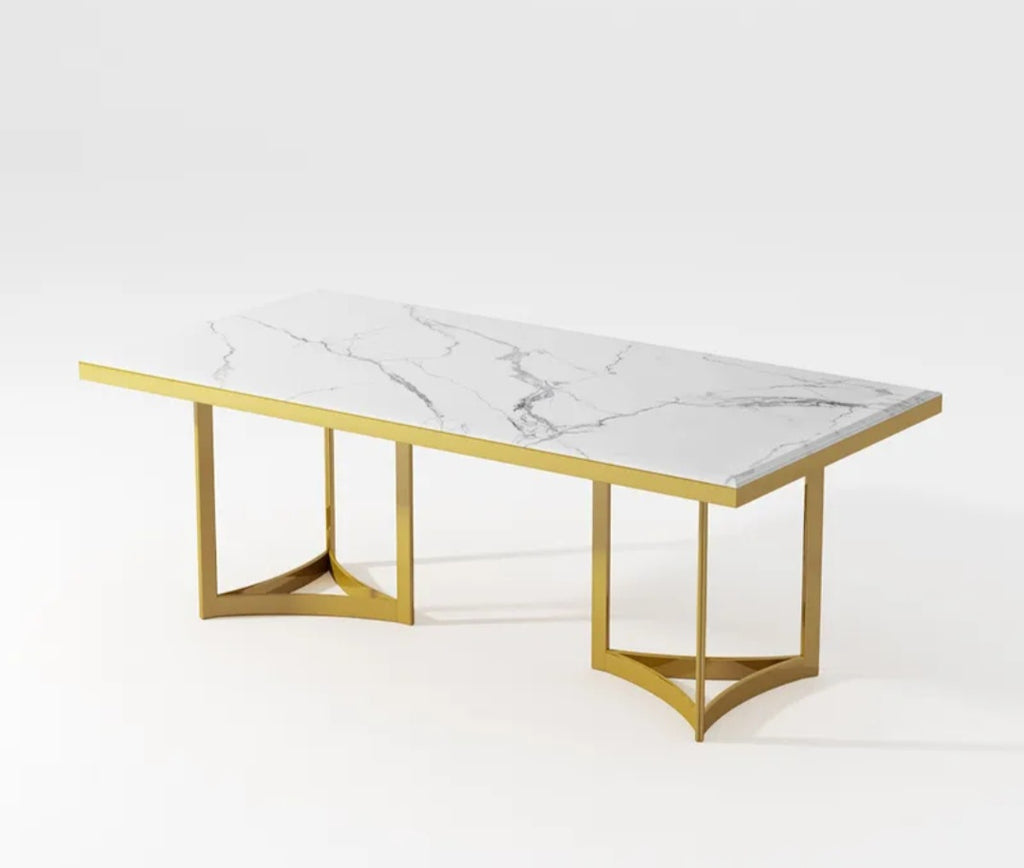 Modern Faux Carrara Marble Finish Dining Table Steel Legs In a Gold Finish Contemporary Brand New Factory Sealed Designer