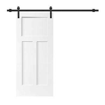 30" x 80" White 3 Panel MDF Wood Primed Barn Door with Installation Rail Hardware Kit In Matte Black Included New In Box