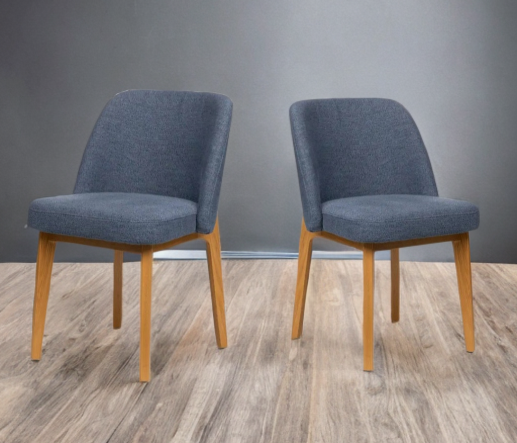 Set of 2 Upholstered Dining Chair Brand New Two Tone Blue and Oak Wood Finish Mid Century Modern Designer Quality