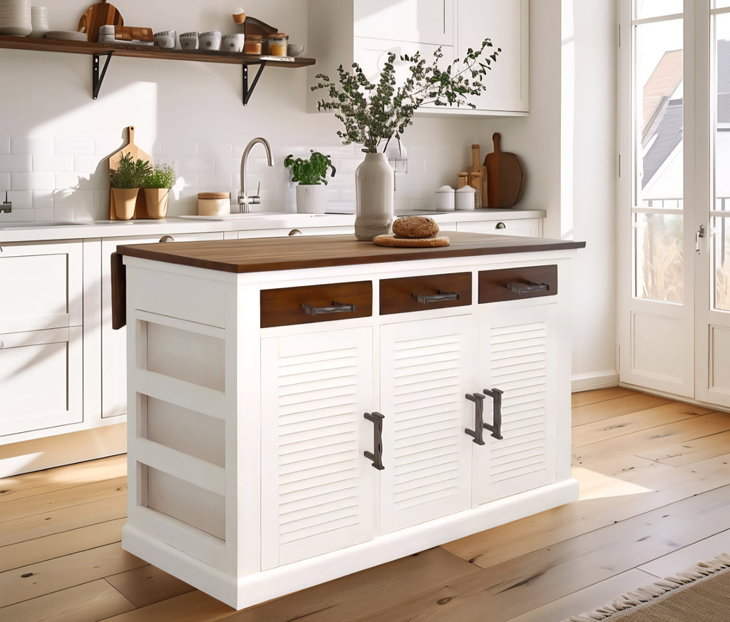 57" Solid Wood Dining Kitchen Island Rustic Farmhouse White 3 Drawers 3 Door Cabinet Space Drop Leaf