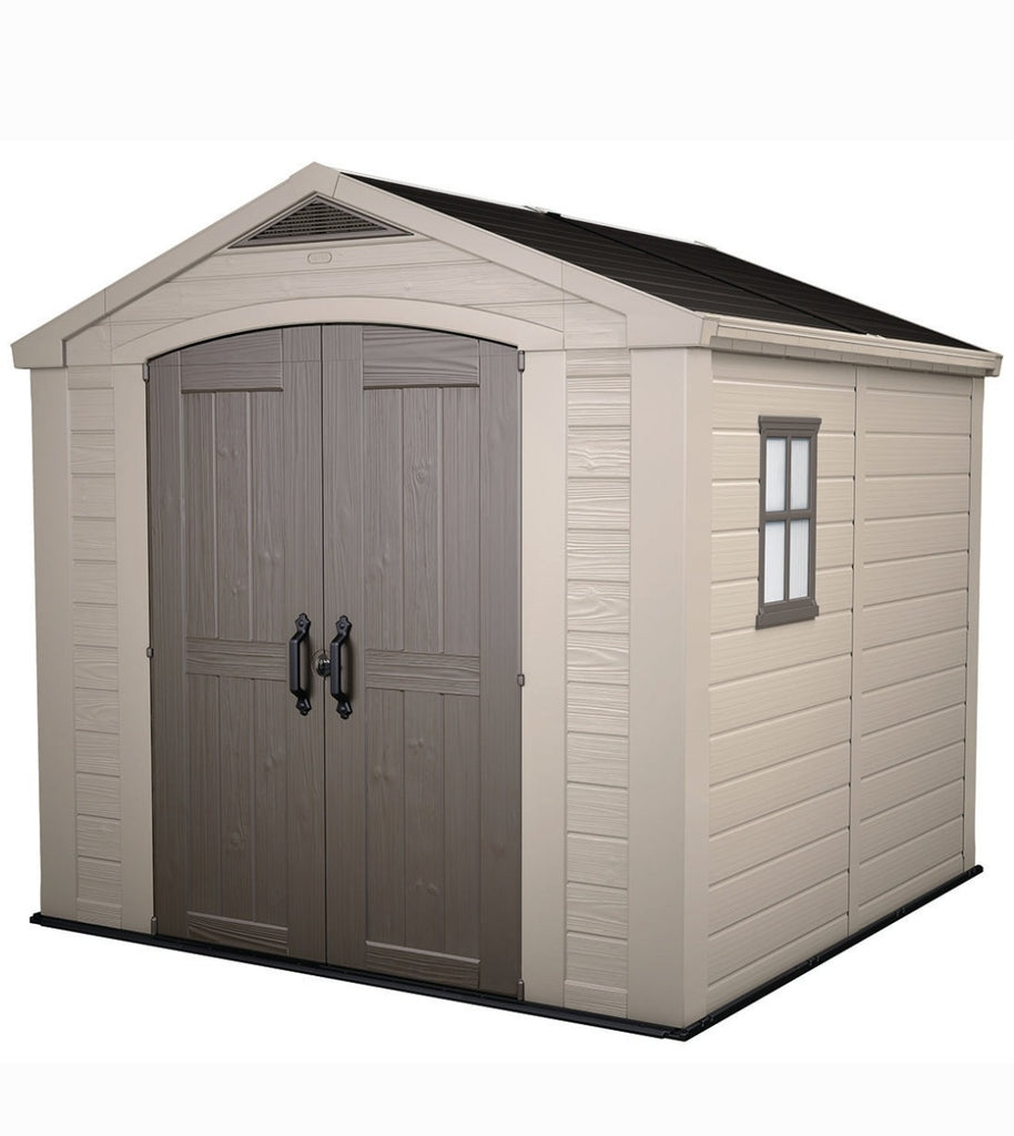 Keter Factor 8' x 8' Double Door Plastic Outdoor Tool Shed Ample Storage New Beige and Taupe Durable Lockable