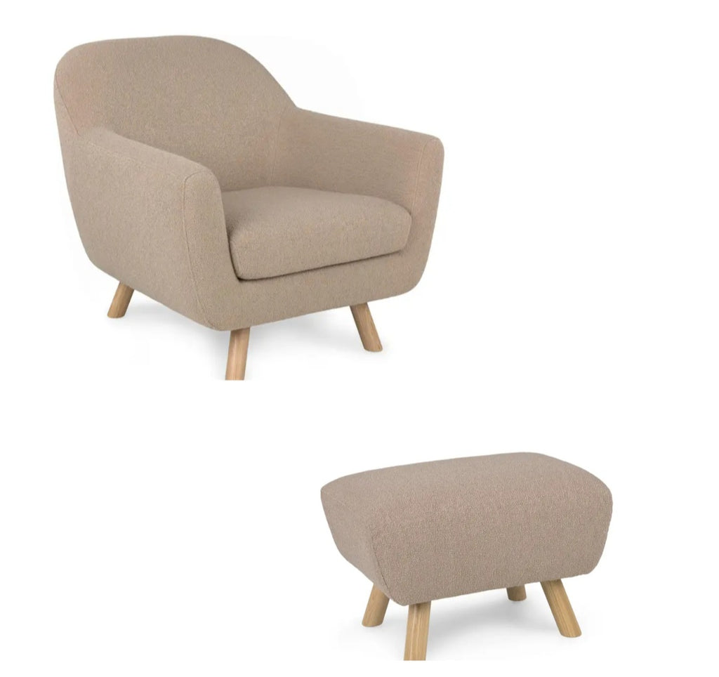 34" Sandstone Nook Lounge Accent Chair Set With Ottoman Designer Boucle Upholstery Wood Base New Quality Mid Century Modern