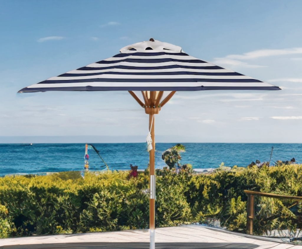 7' 6" Outdoor Patio Umbrella New Navy and White Stripe Solid Wood Pole Adjustable Designer Quality