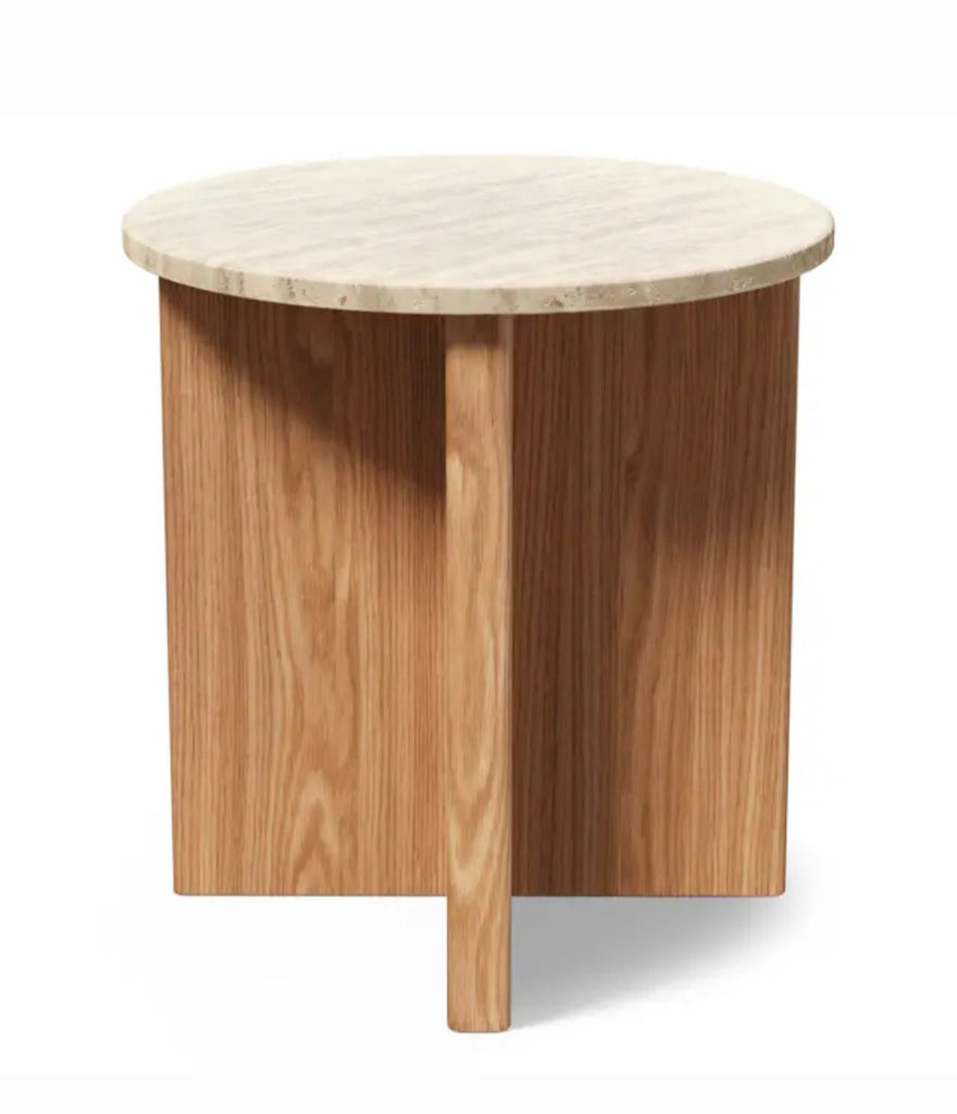 17.75" Round Accent Side End Table Oak & Travertine Stone New Wood Frame Quaity Furniture
