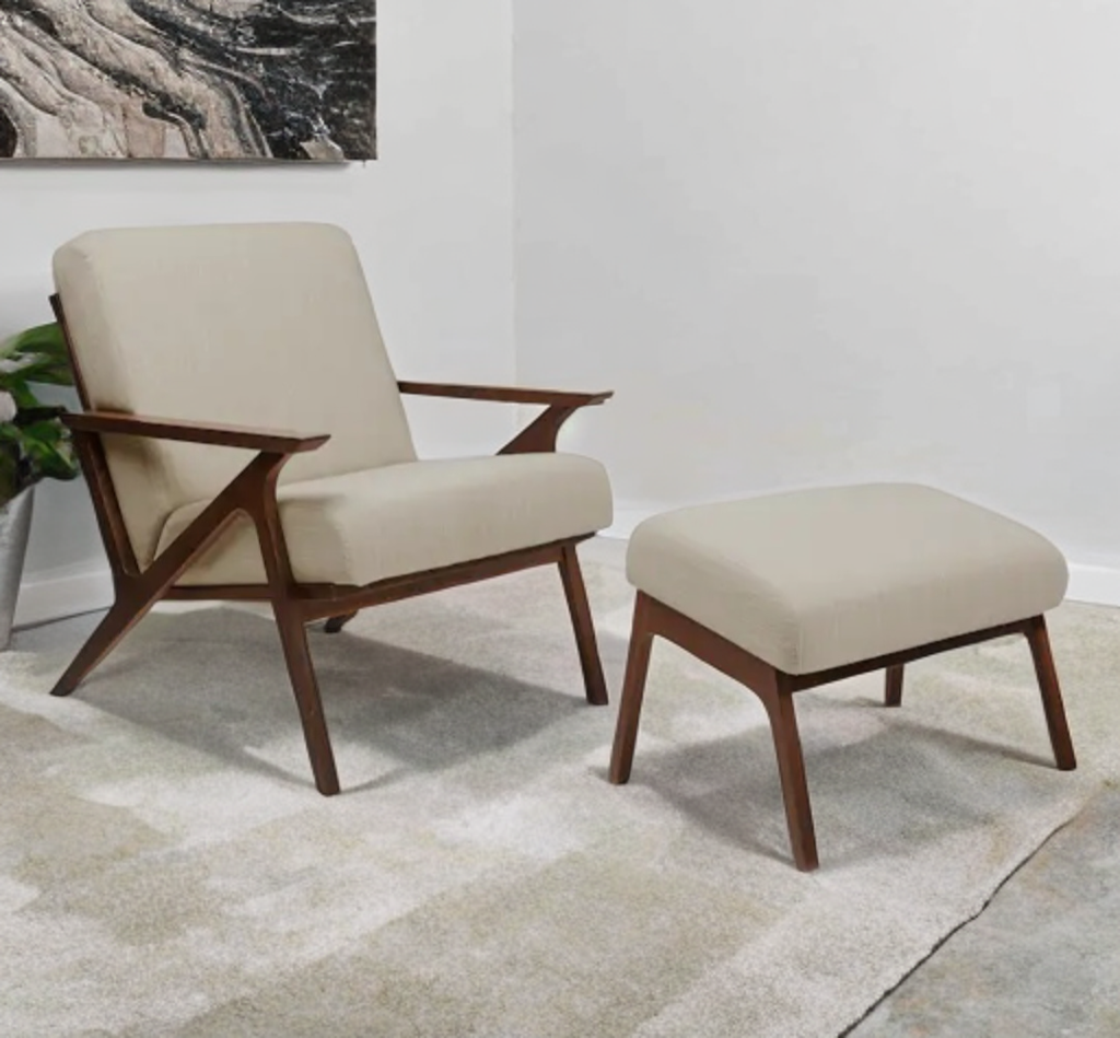 26" Nook Lounge Accent Chair Set With Ottoman Walnut / Taupe Designer Wood Base New Quality Mid Century Modern