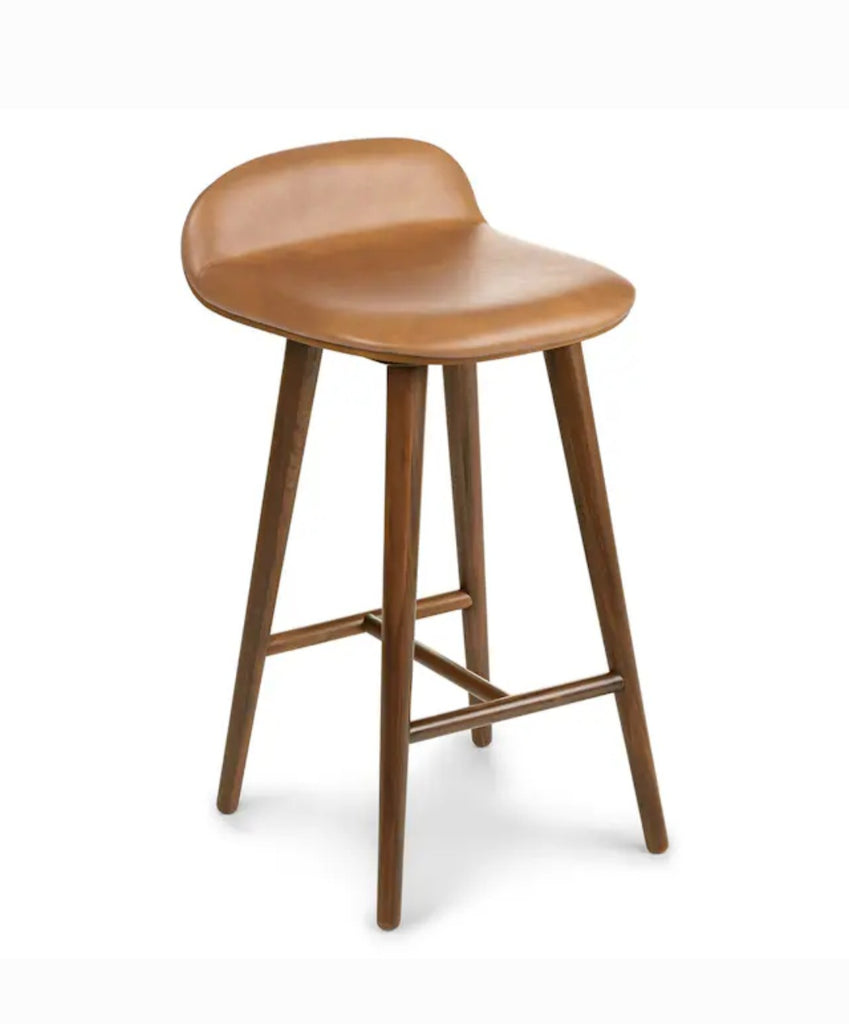 Set Of 2 Tan Leather & Walnut Counter Height Bar Stool New Designer Quality Wood Mid Century Modern