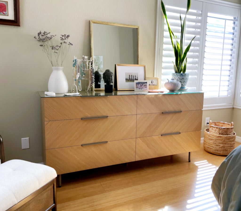 70" Wide 6 Drawer Double Dresser Chest Oak Finish Designer Mid Century Modern Quality New Ample Storage