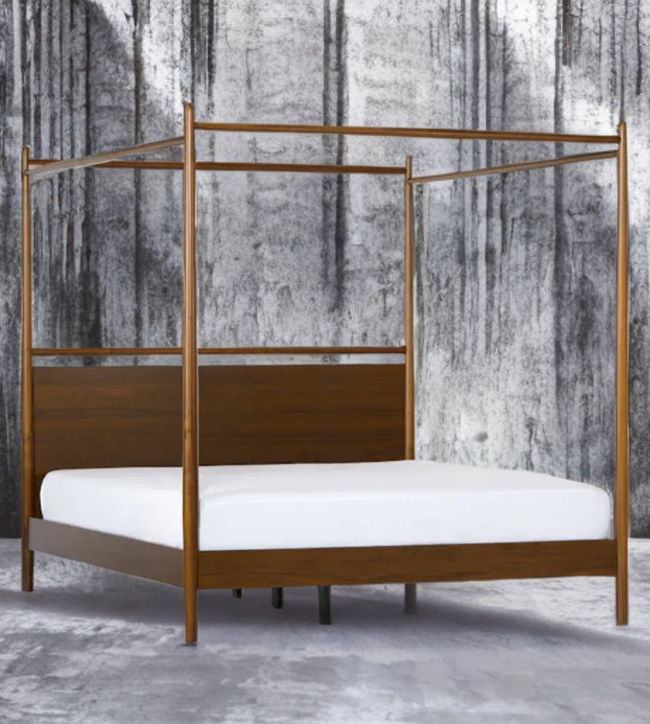 Low Profile Platform Canopy Bed King Size Wood Construction Walnut Finish Brand New Mid Century Modern Designer Quality