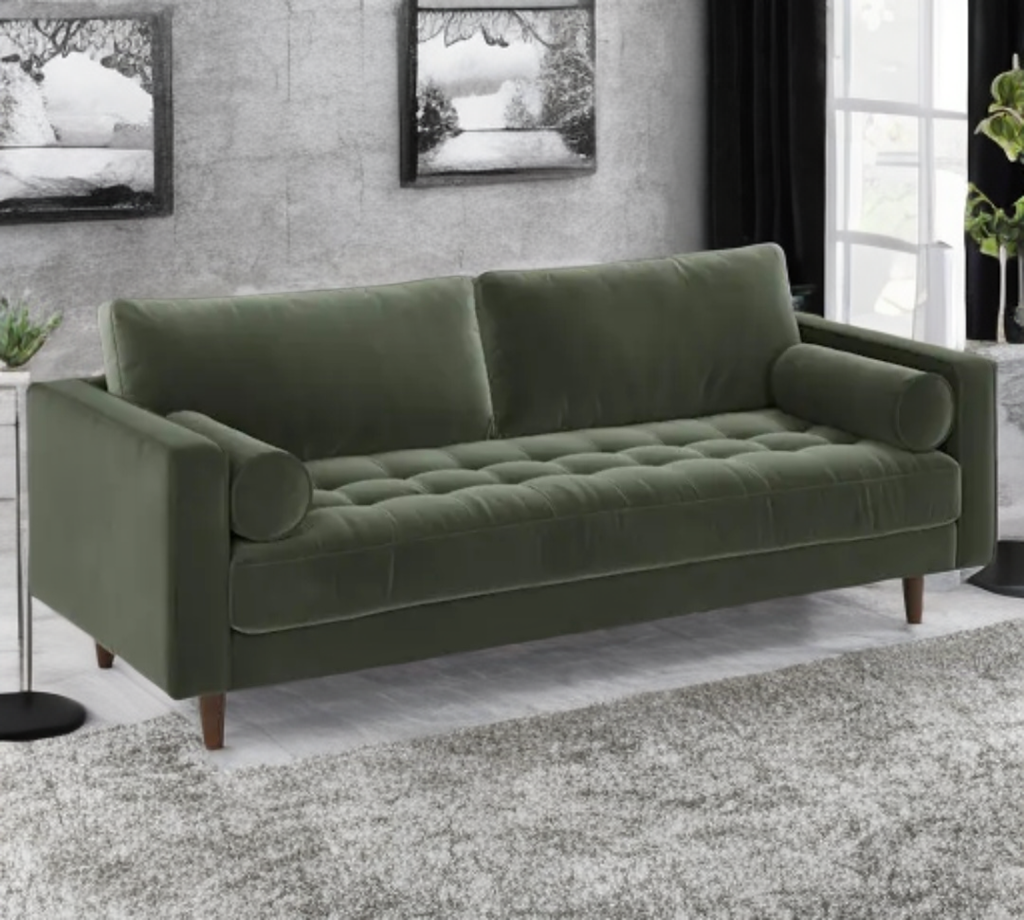 88" Upholstered Velvet Sofa Couch Tufted Detail Quality Plush Mid Century Modern Pacific Green New With Bolster Pillows
