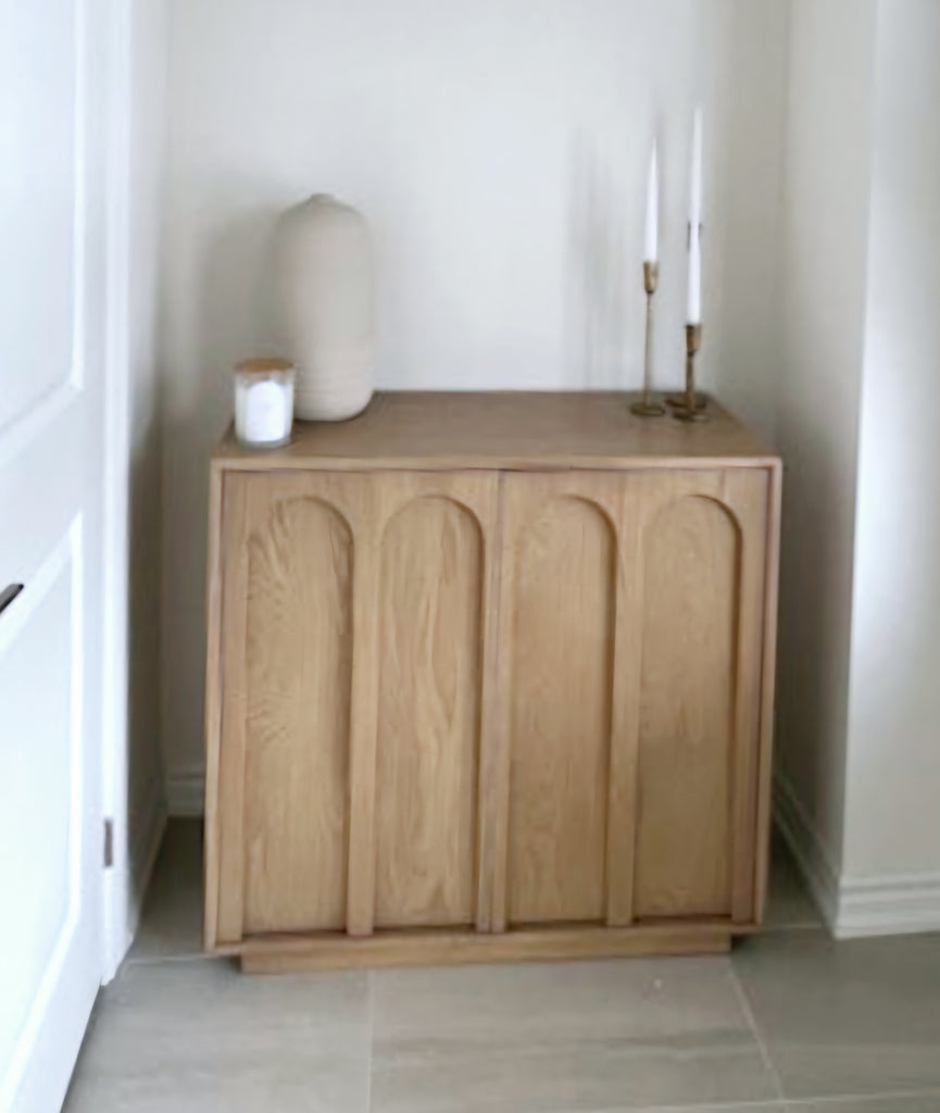 37" Wide 2 Door Accent Storage Cabinet Chest White Oak Finish Designer Mid Century Modern Quality Few Light Cracks