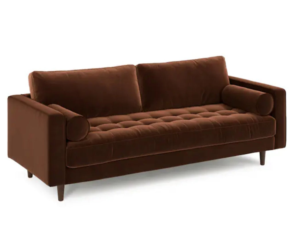 88" Upholstered Velvet Sofa Couch Tufted Detail Quality Plush Mid Century Modern Pacific Brown New With Bolster Pillows