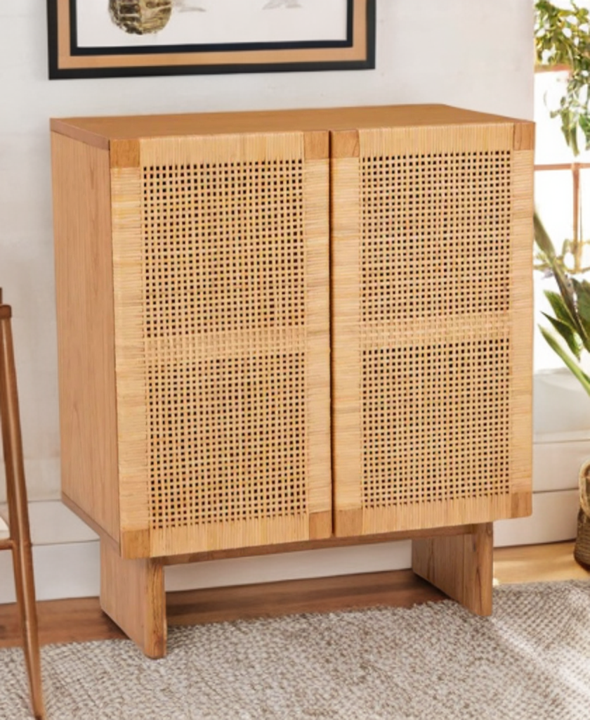 28" Wide 2 Door Rattan Accent Storage Cabinet Chest Oak Finish Adjustable Shelves Designer Mid Century Modern Quality New