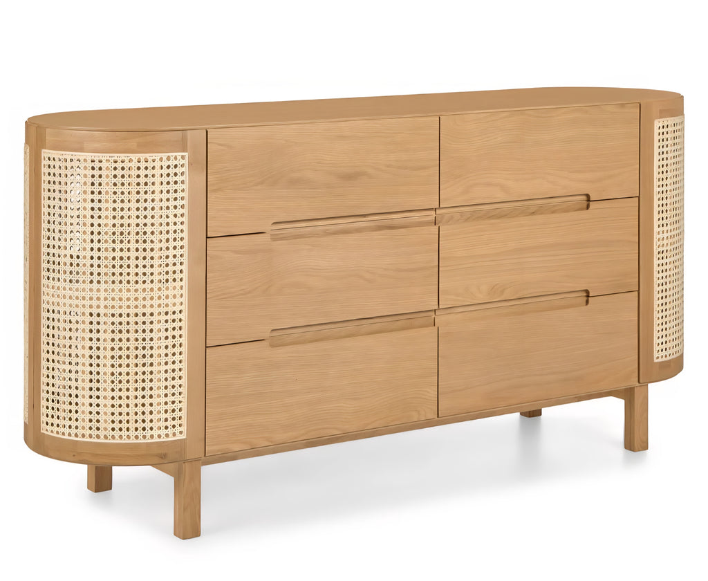 68" Oak Finish Wood & Cane 6 Drawer Double Dresser Bedroom Drawer Storage New Assembled