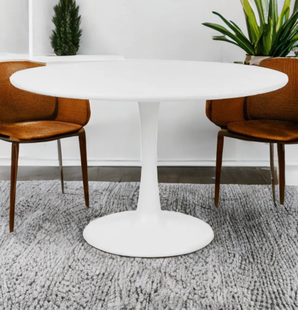 47.25" Round Ash Wood Pedestal Dining Kitchen Table White Finish New In Box Modern Coastal