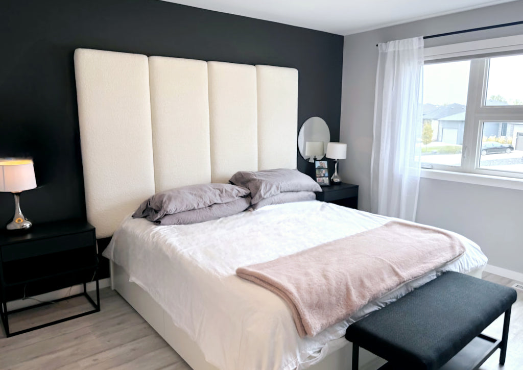 King Size White Boucle Bedroom Headboard Tall New Modular Panel Design Comfort Padded Decor Designer Quality