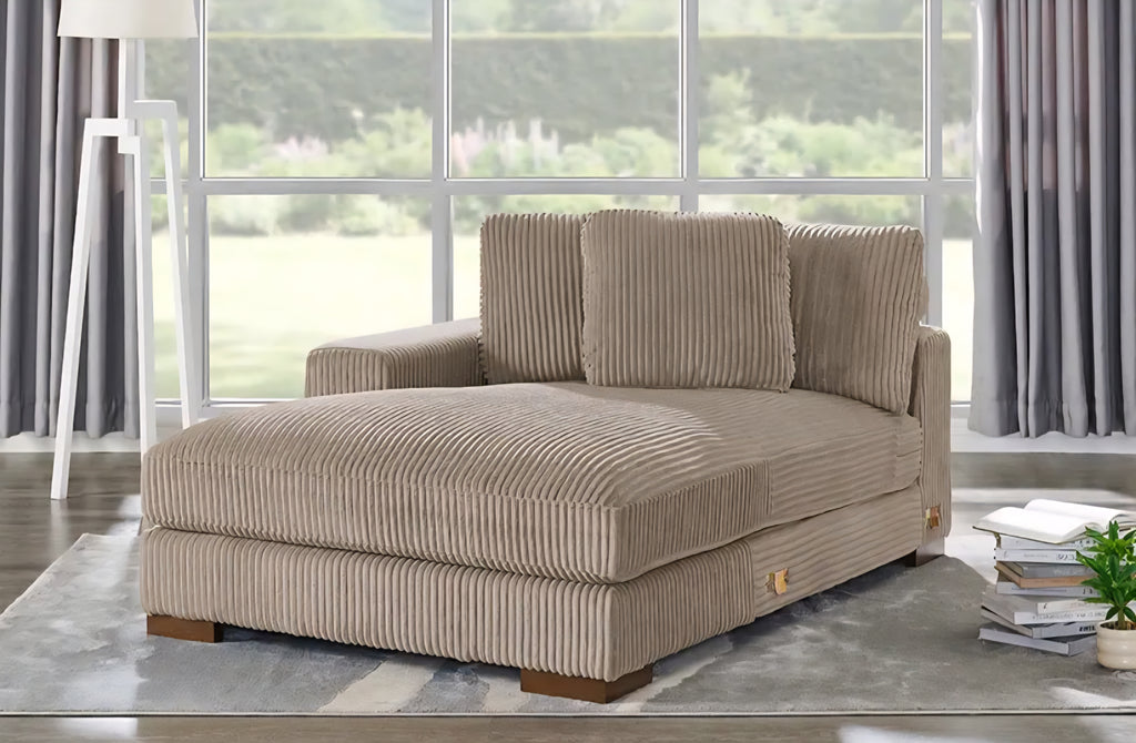 45" WIde Right Arm Light Brown Corduroy Lounge Chaise New Plush Adjustable Headrest Comfortable Deep Seating Modern Contemporary