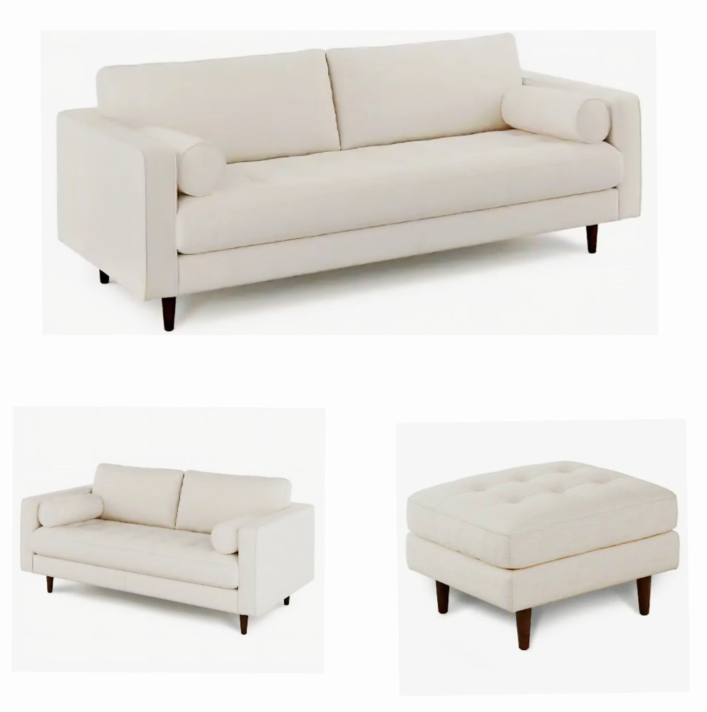 3 Piece Living Room Set Mid Century Modern Cream Sofa Couch Loveseat and Ottoman Retro New Designer
