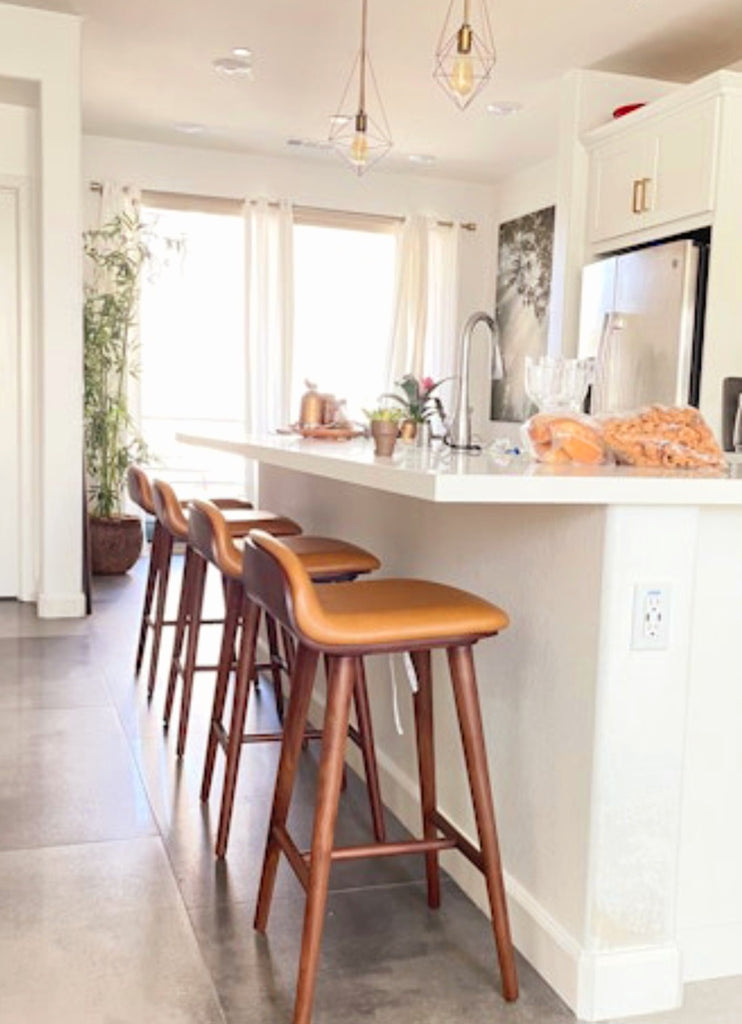 Set Of 2 Tan Leather & Walnut Counter Height Bar Stool New Designer Quality Wood Mid Century Modern