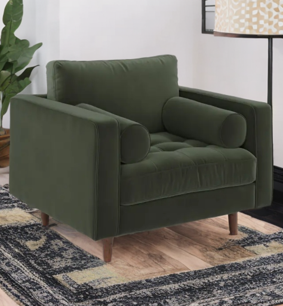 Mid Century Modern Tufted Upholstered Green Velvet Extra Wide Arm Chair Deep Seat Plush New With Bolster Pillows