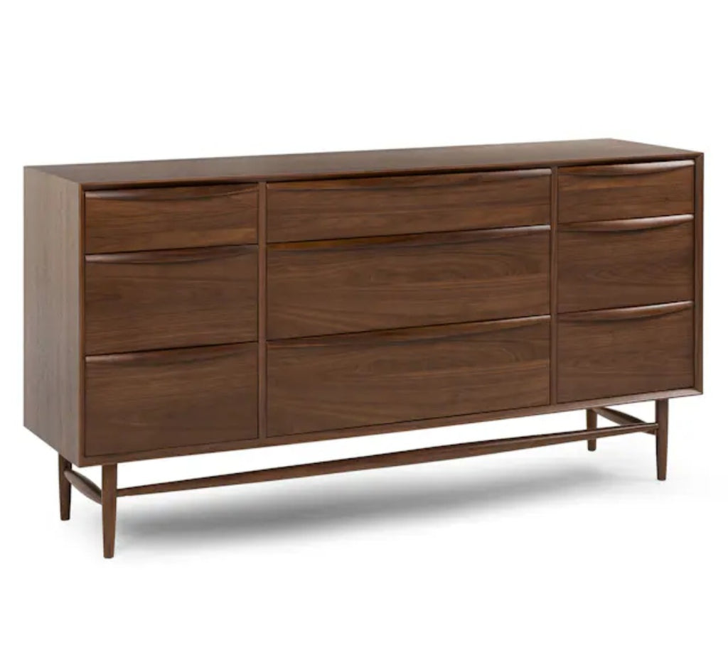 70.5" Wide 9 Drawer Double Dresser Chest Walnut Finish Designer Mid Century Modern Quality New Ample Storage