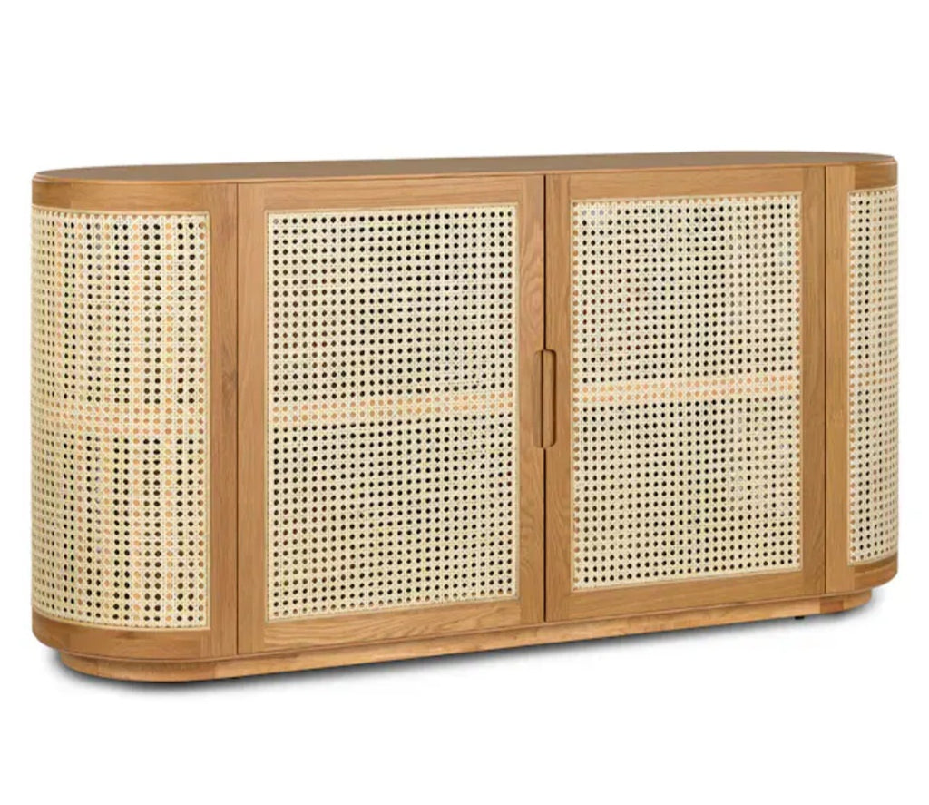60" Oak Finish Wood & Cane Sideboard Cabinet 2 Door Storage New Assembled With Shelves