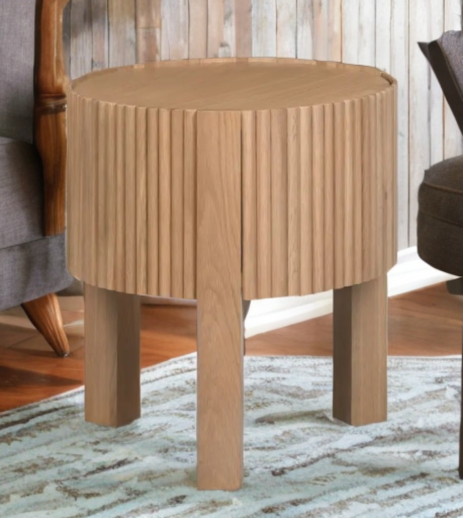 20" Round White Oak Side / End Table With Cabinet Space New Fluted Design Ample Storage Wood Construction