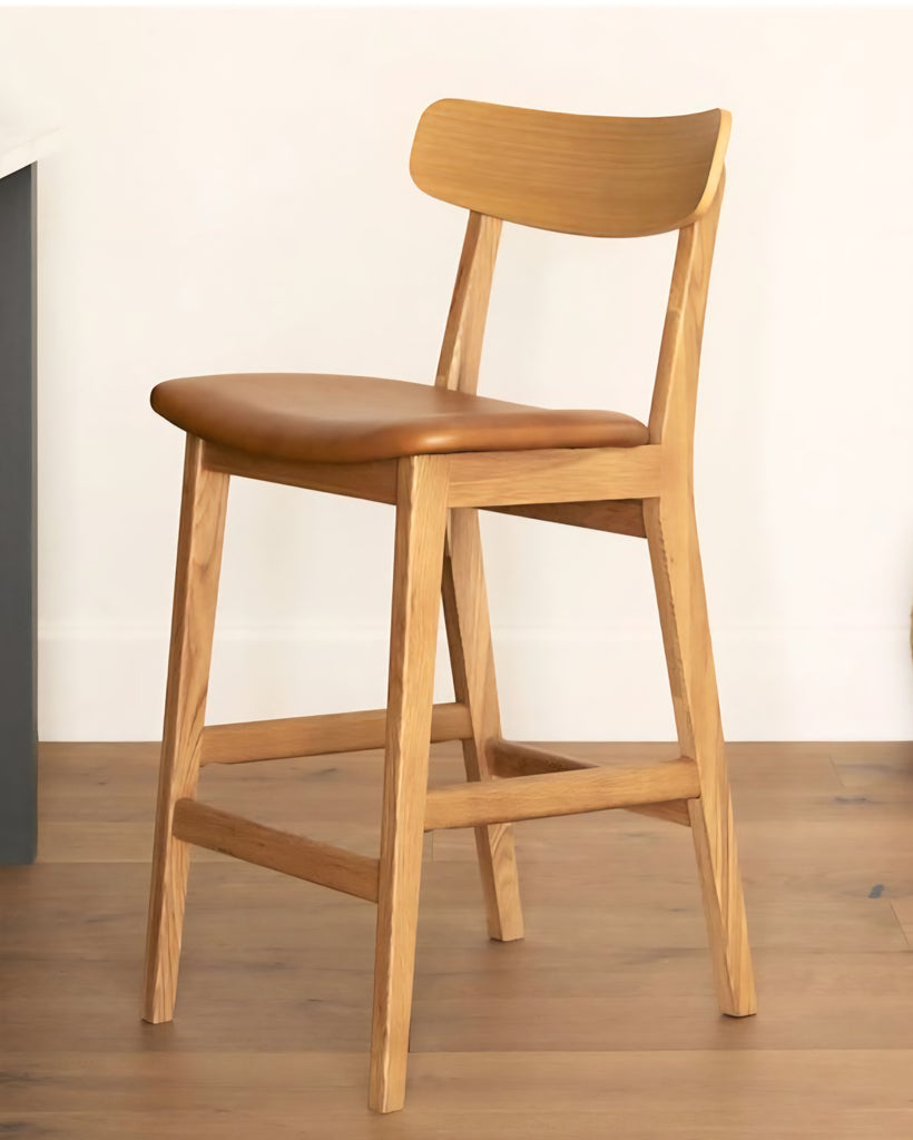 SET OF 3 Upholstered Bar Stool Counter Height Dining Chair New Tan Leather and Oak Mid Century Modern Designer Quality