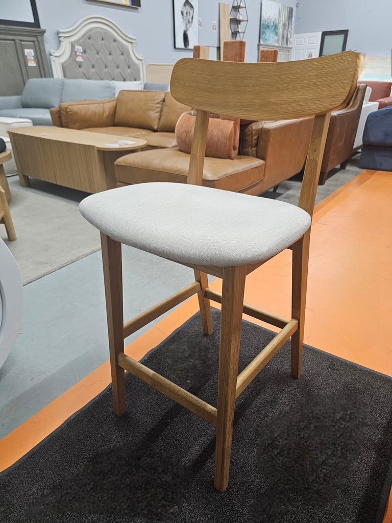 SET OF 3 Upholstered Bar Stool Counter Height Dining Chair New Taupe and Oak Mid Century Modern Designer Quality