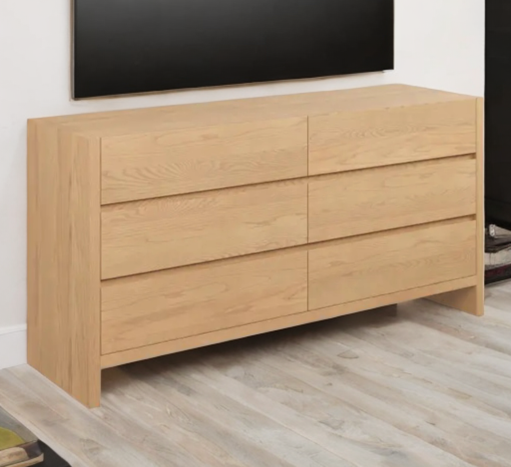66" Wide 6 Drawer Double Dresser Chest White Oak Finish Designer Mid Century Modern Quality New Ample Storage