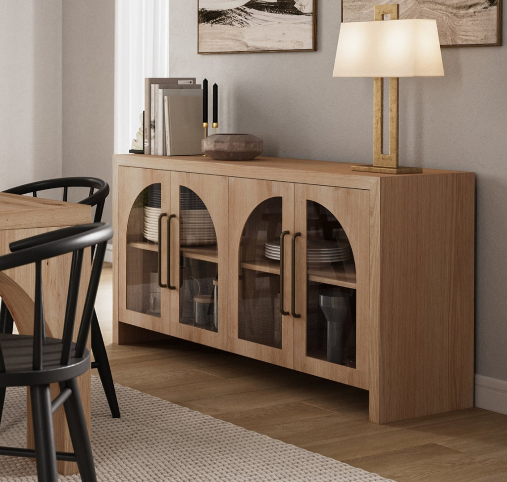 60" 4 Door Arched Glass Sideboard Buffet Console Table Assembled Solid and Durable New Ample Storage