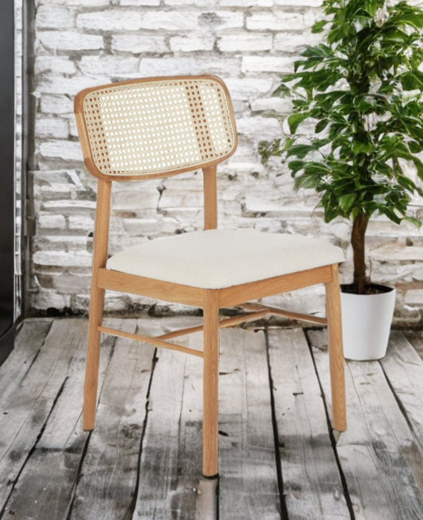 SET OF 6 Natural Cane Upholstered Dining Chair New Vintage White and Oak Mid Century Modern Designer Quality