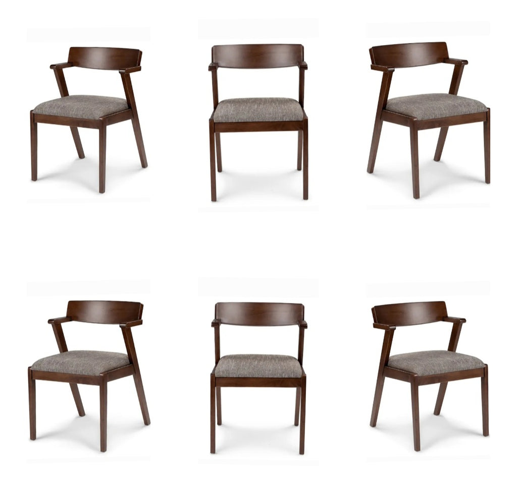 Set of 6 Geometric Angular Dining Chair New Volcanic Grey and Walnut Wood Mid Century Modern Designer Quality