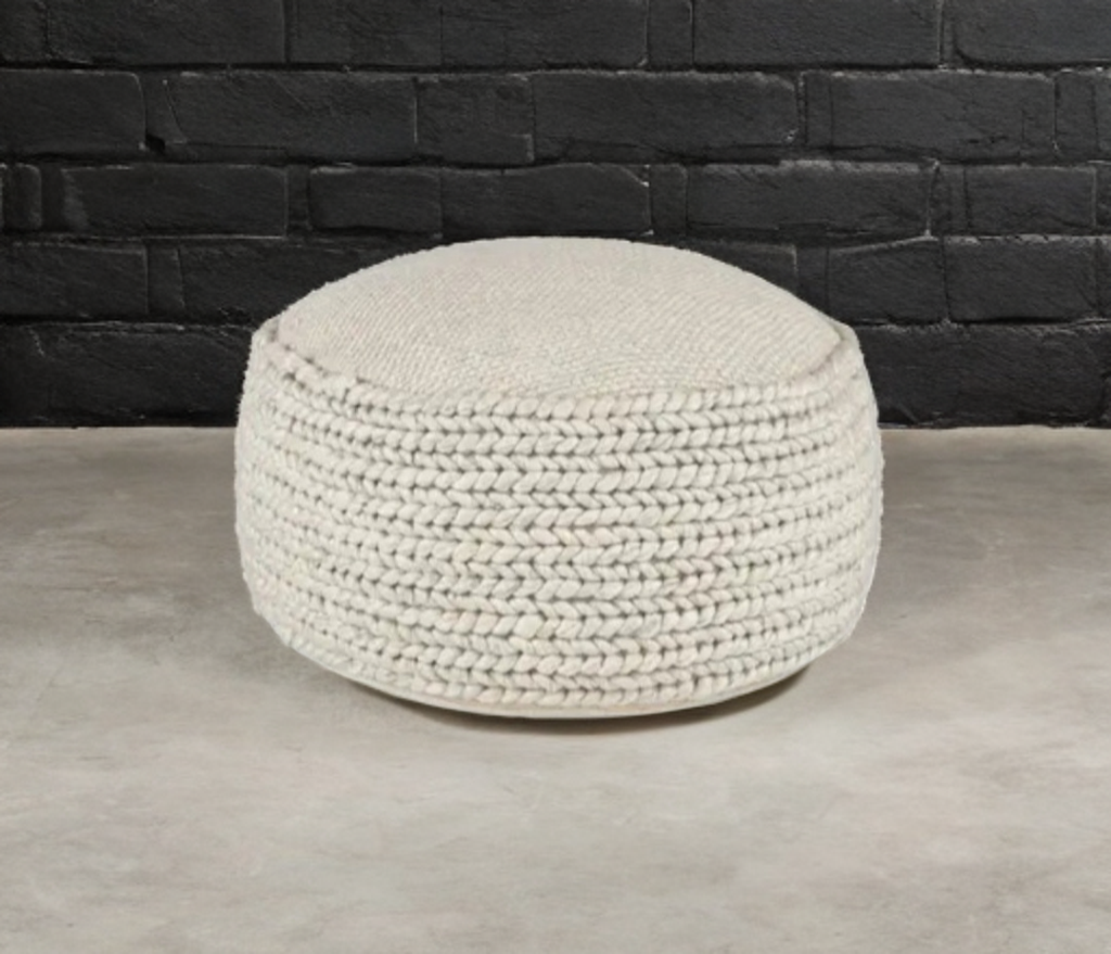 30" Wide Round Ivory Wool Cocktail Ottoman Coffee Table Pouf Comfortable Contemporary New Extra Seat