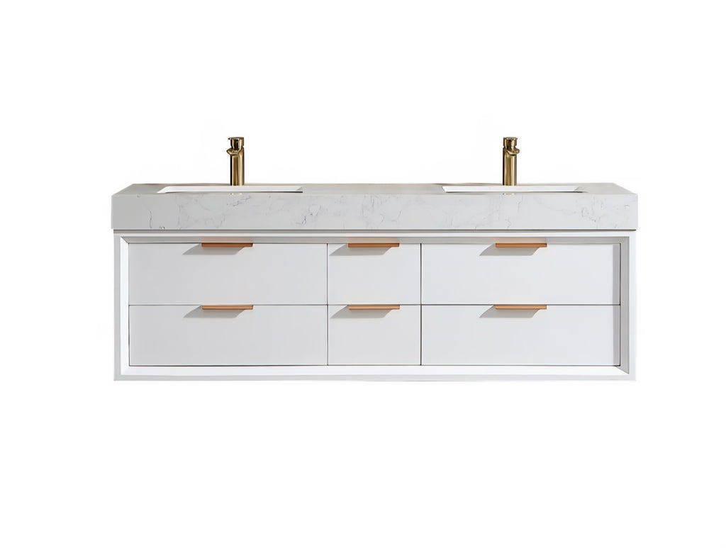 60" White Bathroom Vanity New Solid Durable Ample Drawer Storage Modern Double Sink Marble Gold Finish