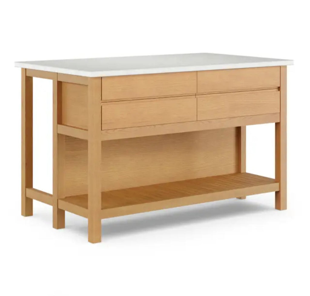 57.5" Kitchen Island Oak Finish Quartz Stone Counter Soft Close Drawer Storage New With Glass Rack