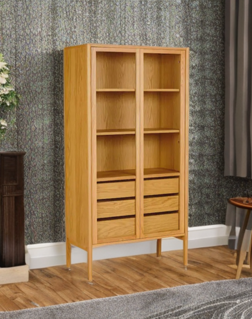 70" Oak Display Cabinet Dining Hutch With Drawer Storage New Tempered Glass Doors Wood Construction