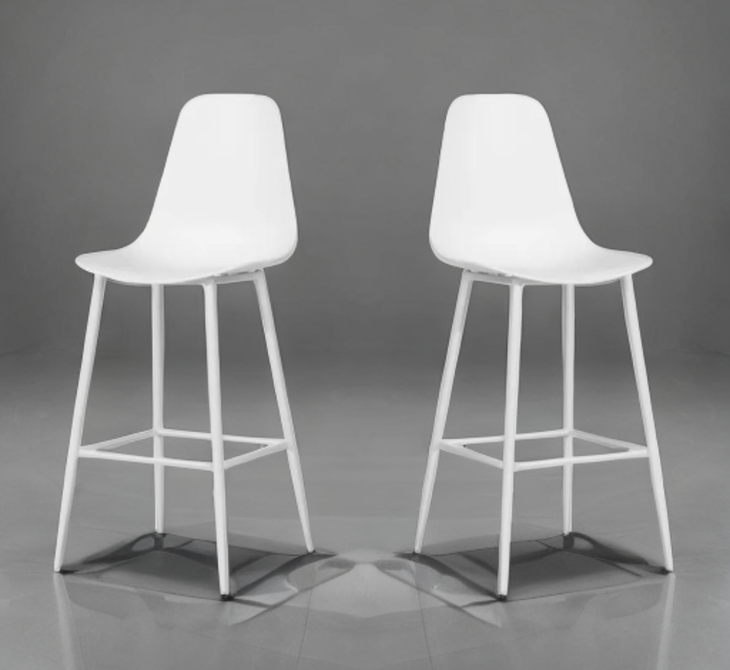 Set of 2 Pure White Bar Height Stools. New In Box Designer Quaity Comfortable Indoor or Outdoor Patio