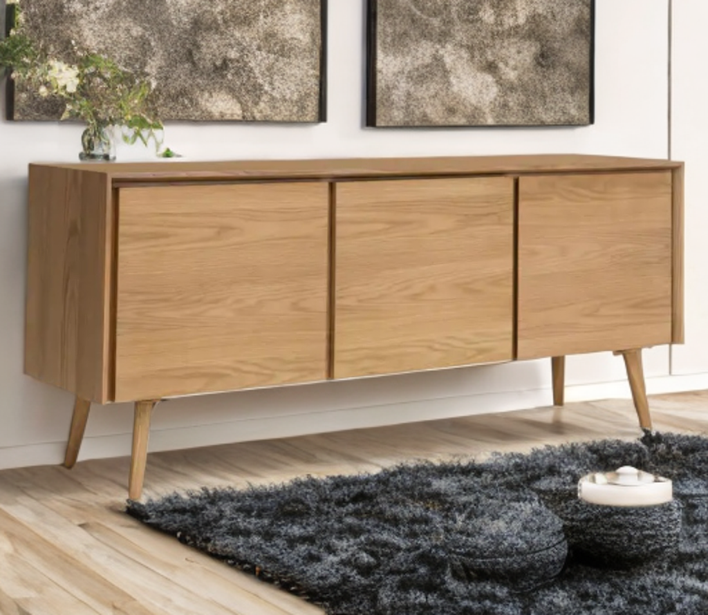 71" 3 Door Designer Mid Century Modern Oak Wood Sideboard Buffet With Shelves Solid and Durable Ample Storage New