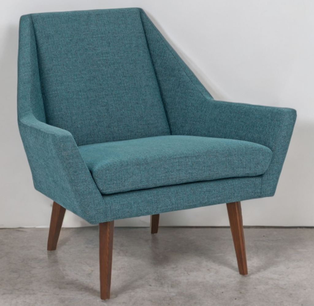 33" Upholstered Angled Accent Chair New Blue & Walnut Mid Century Modern Design Quality Comfortable