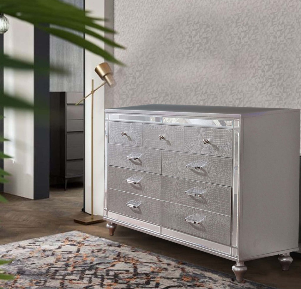 9 Drawer Double Dresser 62" Silver Crocodile Finish New Ample Storage Bedroom Furniture Mirrored