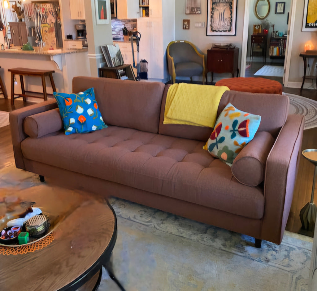 88" Upholstered Sofa Couch Tufted Detail Quality Plush Mid Century Modern Napa Rust New With Bolster Pillows