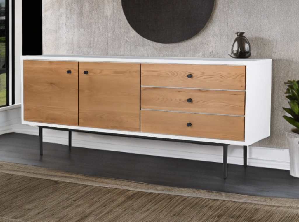 71" Mid Century Modern 2 Door Storage Accent Cabinet New 3 Drawer Ample Storage Sideboard Designer Oak