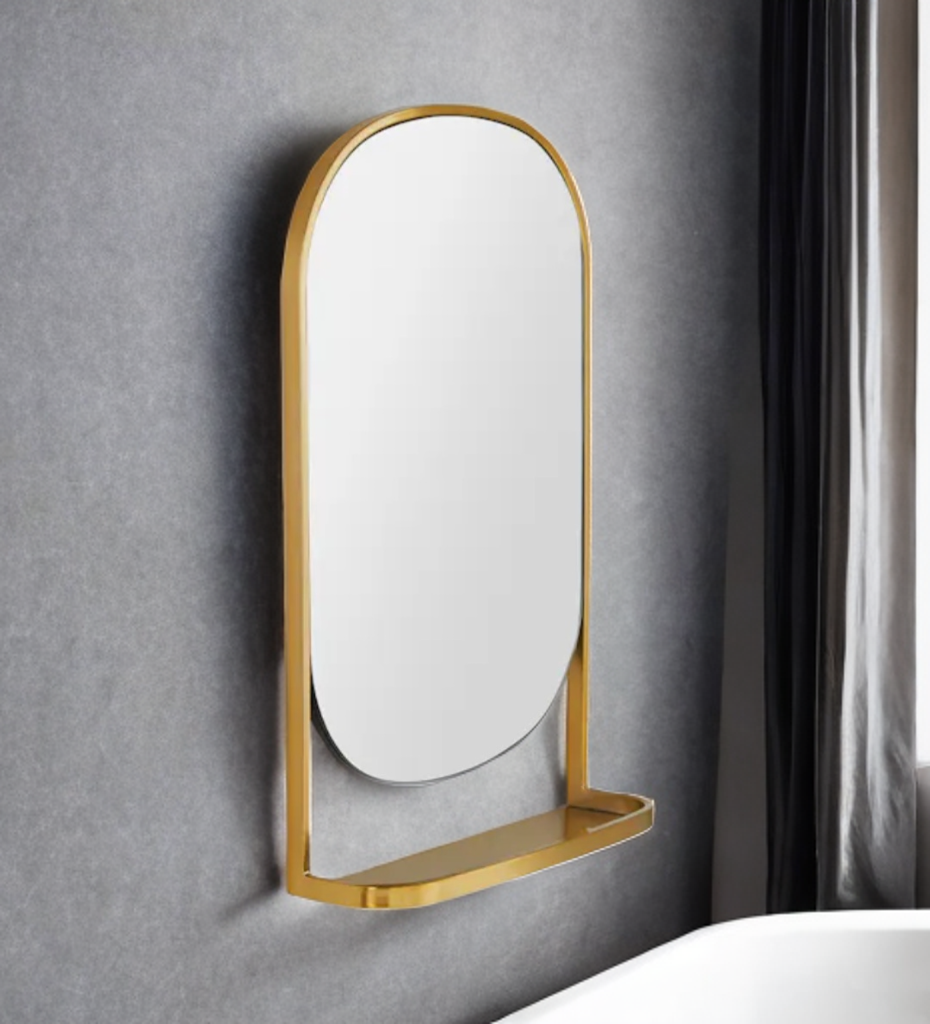 26.5" x 17" Framed Wall Mount Mirror With Display Shelf Gold / Brass New Mid Century Modern Decor Designer Quality